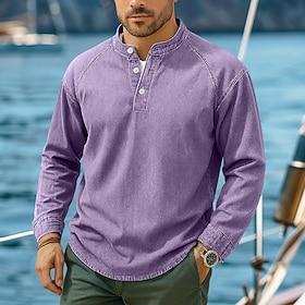 Men's T Shirt Henley Shirt 100% Cotton Acid Wash Shirt Tee Top Long Sleeve Henley Fall  Winter Spring Fall Plain Vintage Streetwear Casual Garment Dyed Faded W