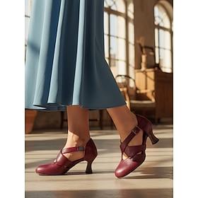 Women's 1950s Vintage Burgundy Faux Leather Pumps – Elegant Mary Jane Heels with Adjustable Buckle for Formal Events, Parties and Daily Wear