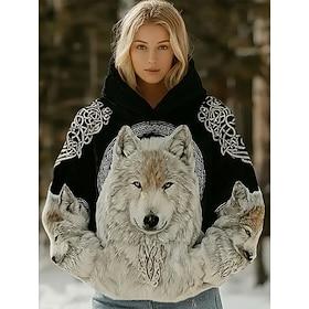 Women's Viking Pullover Hoodie Sweatshirt Graphic Animal Geometric Vintage Casual Boho Long Sleeve Hooded Regular Tops Casual Street Patchwork Print Front Pock