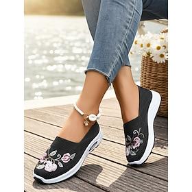 Women's Green Slip-On Sneakers with Floral Embroidery – Breathable Knit Walking Shoes for Outdoor Sports, Travel  Nursing