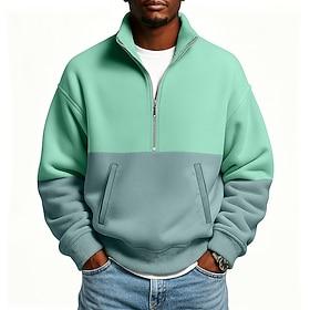 Men's Hoodie Sweatshirt Pullover Hoodie Sweatshirt Pullover Green Standing Collar Half Zip Plain Patchwork Color Block Casual Daily Sports Outdoor Streetwear