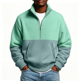 Men's Hoodie Sweatshirt Pullover Hoodie Sweatshirt Pullover Green Standing Collar Half Zip Plain Patchwork Color Block Casual Daily Sports  Outdoor Streetwear