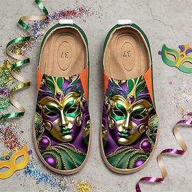 Women's Mardi Gras Masquerade Mask Print Slip-On Casual Canvas Shoes - Lightweight Comfort Festive Wide-fit Footwear for Carnival Parades, Street Celebrations,