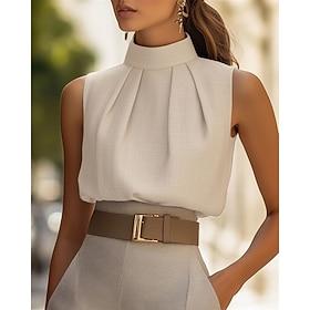 Women's Shirt Elegant Summer Tops Solid Color Plain Elegant Vintage Ladies Sleeveless High Neck Regular Tops Daily Work Holiday Ruched Pleated Patchwork Khaki