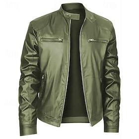 Men's Faux Leather Jacket Biker Jacket Motorcycle Jacket Vacation Daily Windproof Warm Zipper Fall Winter Plain Fashion Classic Stand Collar Regular Black Red