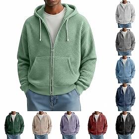 Men's Hoodie Full Zip Hoodie Waffle Hoodies Apricot White Red Navy Blue Dark Green Hooded Plain Zipper Textured Casual Daily Sports Outdoor Polyester Streetwe