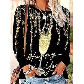 New Year Women's T Shirt Print Graphic Geometric Vintage Stylish Casual Long Sleeve Crew Neck Round Neck Regular Tops Daily Weekend Blue Black Navy Blue Orange