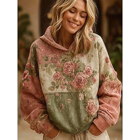 Women's 3D Print Vintage Boho Hoodie Patchwork Hoodie Sweatshirt Floral Pullover Sweatshirt Casual Hooded Street Dailywear Patchwork Print Front Pocket Pink Pu