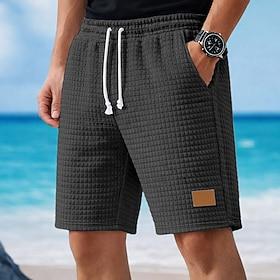 Men's Waffle Shorts Summer Shorts Beach Shorts Casual Shorts Drawstring Elastic Waist Solid Color Comfort Knee Length Daily Outdoor Holiday Vacation Fashion Bl