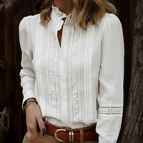 Women's Blouse Ruffle Eyelet Buttons Plain Elegant Vintage Cute Long Sleeve High Neck Regular Tops Daily Work Holiday White Spring Fall