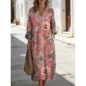Women's Midi Dress Shift Dress Casual Daily Going out Loose Fit Floral Graphic Tropical Long Sleeve V Neck Blue Pink Red Summer Spring