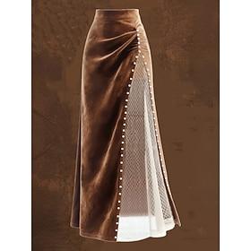 Women's Faux Suede Skirt Vintage Fashion Casual Maxi Mid Rise Skirts Color Block Mesh Inelastic Street Going out Brown Spring
