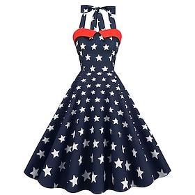 250th Anniversary USA 1950s Retro Vintage Midi Swing Dress Halter Flare Dress Sleeveless Stars Fancy Dress Women's 4th of July Independence Day Adults' Dress
