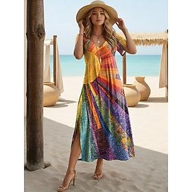 Women's Midi Dress A Line Dress Casual Daily Regular Fit Floral Abstract Short Sleeve V Neck Black White Light Brown Orange Summer Spring