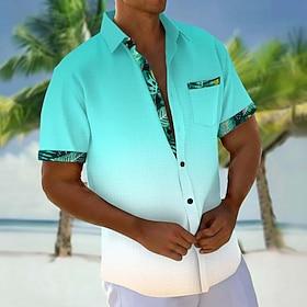 Men's Gradient Color Palm Leaf Tropical Plants Shirt Hawaiian Shirt Aloha Shirt Short Sleeve Hawaiian Vacation Holiday Summer Turndown 3D Print Front One Pocke
