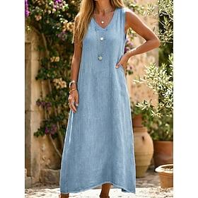 Damen Midikleid Baumwoll-Leinen-Kleider Shiftkleid Sommerkleid Trägerkleid Mode Modern Täglich Outdoor Ferien Lässiger Schnitt Einfach Ärmellos V Ausschnitt Bl