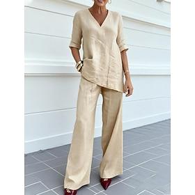 Women's Two Piece Sets Pants Sets Bolero Top Half Sleeve V Neck Plain Fashion Streetwear Basic Casual Daily Outdoor Blue Black Brown Spring Regular Fit