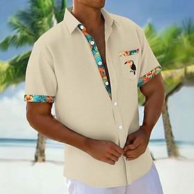 Men's Tropical Plants Toucans Flowers Shirt Hawaiian Shirt Aloha Shirt Short Sleeve Hawaiian Vacation Holiday Summer Turndown 3D Print Front One Pocket Linen L