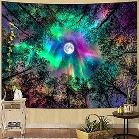 Northern Lights Tapestry Full Moon Forest Wall Hanging Aesthetic Galaxy Night Sky for Bedroom Living Room Yoga Room Meditation Space