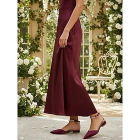 Burgundy Bridesmaid Slingback Flats – Pointed Toe Low Heel Wedding Shoes, Satin D'Orsay Dress Pumps with Crystal Ankle Strap for Bridal Party, Reception, Prom