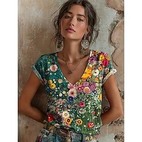 Women's T Shirt Print Floral Graphic Vintage Stylish Classic Short Sleeve V Neck Regular Tops Daily Ash Black Light Green Red Green Summer Spring