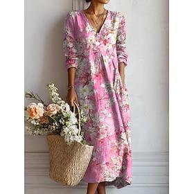 Women's Midi Dress Linen Like Sundress Shift Dress Casual Party Holiday Loose Fit Floral Graphic Long Sleeve V Neck Black Pink Green Summer Spring