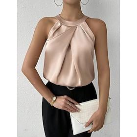 Women's Elegant Satin Top Satin Shirt Camp Collar Shirt Ruched Solid Color Stylish Basic Casual Sleeveless Halter Neck Regular Tops Daily Holiday Going out Bla