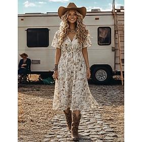 Women's Midi Dress Boho Beach Dress Casual Dress Ethnic Dress Chiffon Dress Elegant Bohemia Vacation Regular Fit Floral Short Sleeve V Neck Beige Summer Spring