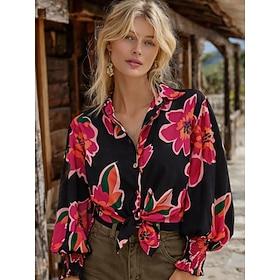 Women's Blouse Buttons Print Floral Graphic Graffiti Stylish Casual Long Sleeve Shirt Collar Regular Tops Daily Blue Black Red Green Rainbow Summer Spring Fall