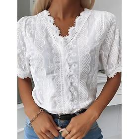 Women's Shirt Blouse White Plain Lace Short Sleeve Daily Weekend Streetwear Casual V Neck Regular S