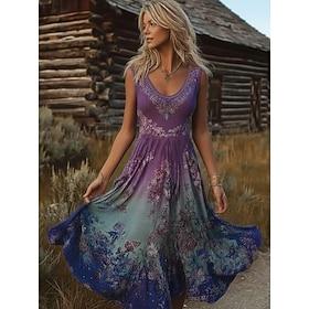 Women's Midi Dress Boho Viking Sundress A Line Dress Slip Dress Pleated Dress Vacation Casual  Beach Regular Fit Floral Graphic Ethnic Sleeveless V Neck U Neck
