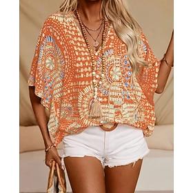Women's Blouse Print Floral Bohemia Vintage Stylish Short Sleeve V Neck Regular Tops Daily Holiday Going out Black Red Orange Green Summer Spring