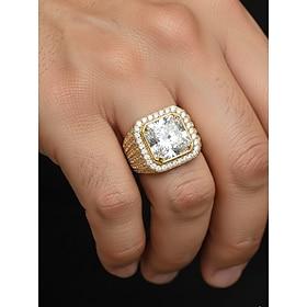 Men's Gold/Silver Plated Alloy Ring with Large Square Cubic Zirconia, Paved with Small Diamonds, Perfect for Valentine's Day, Weddings and Gift-Giving