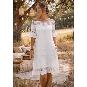 Women's Midi Dress 100% Cotton Shift Dress Sundress Casual Dress Fashion Modern Casual Daily Outdoor Vacation Regular Fit Plain Short Sleeve Off Shoulder White