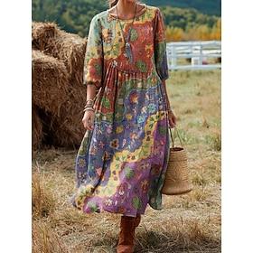 Women's Midi Dress Boho Linen Like Breathable Lightweight Shift Dress Vacation Casual  Daily Holiday Date Loose Fit Graphic Geometric 3/4 Length Sleeve Crew Ne