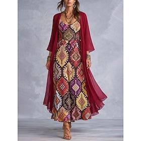 Women's Dress Set A Line Dress Vacation Boho Graphic Paisley Layered Print Maxi Dress 3/4 Length Sleeve V Neck Daily Vacation Red Orange Green Summer Spring Re
