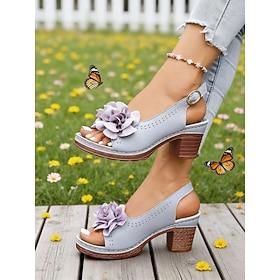 Women's Gray Flower Decor Mid Heel Sandals – Elegant Casual Style, Comfortable Block Heel for Ladies, Daily Wear, Garden Parties, Travel  Summer Events