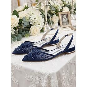 Women's Navy Blue Mesh Slingback Flats, Pearl Embellished Pointed-Toe Shoes for Bridesmaids at Outdoor Garden Weddings