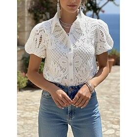 Women's Blouse Eyelet top Lace Tops Hollow Out Buttons Plain Daily Stylish Basic Short Sleeve Shirt Collar Regular Tops Daily Work Holiday White Rose Pink Spri