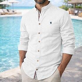 Men's Shirt Linen Shirt Summer Shirt Beach Wear Button Up Shirt Plain Vacation Holiday Blue Black White Navy Blue Long Sleeve Collar Summer Spring Clothing App