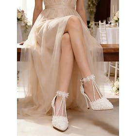 Women's White Pearl T-Strap High Heel Wedding Shoes – Elegant Bridal Heels for Church Wedding