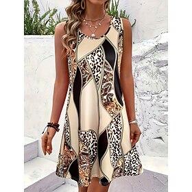 Women's Knee Length Dress Sundress A Line Dress Summer Dress Vacation Casual Boho Beach Party Wedding Regular Fit Graphic Leopard Geometric Sleeveless U Neck Y