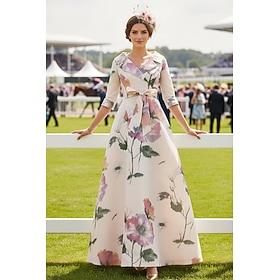 A-Line Floor Length Wedding Guest Dress Formal Dresses Derby Dress Mother of the Bride Dress 3/4 Length Sleeve V Neck Shirt Collar Elegant Formal Holiday Kentu