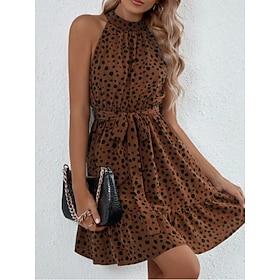 Women's Mini Dress A Line Dress Slip Dress Off The Shoulder Dress Vacation Casual Outdoor Going out Standard Fit Leopard Polka Dot Sleeveless Halter Neck Black