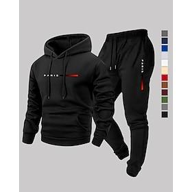 Men's 2 Piece Tracksuit Sports Sweatpants Hooded Sweatshirt with Pocket Solid Colored Clothing Suit Fall / Winter Dark Grey Navy Gym Hiking Workout Lightweight