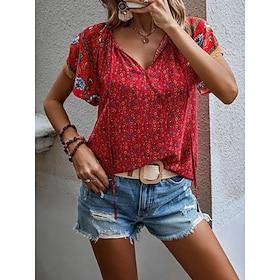 Women's Shirt Blouse Patchwork Print Floral Graphic Vintage Stylish Casual Short Sleeve V Neck Long Tops Daily Holiday Going out Blue Red Light Brown Beige Sum