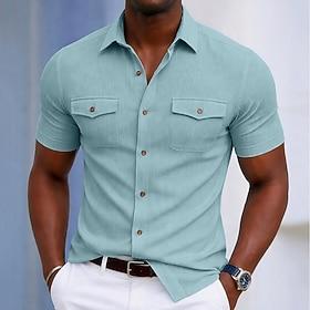 Men's Shirt Casual Shirt Corduroy Shirt Button Up Shirt Black White Yellow Navy Blue Brown Short Sleeve Plain Textured Shirt Collar Casual Daily Front Pocket C