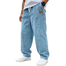 Men's Trousers Corduroy Pants Baggy Pants Casual Pants Drawstring Straight Leg Solid Color Comfort Full Length Casual Daily Outdoor Vacation Fashion Black Whit