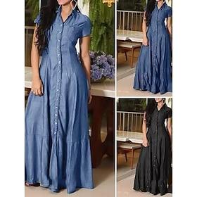 Women's Maxi long Dress Denim Dress Fashion Modern Daily Vacation Going out Regular Fit Plain Short Sleeve Shirt Collar Blue Black Dark Blue Summer Spring