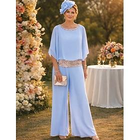 Two Piece Jumpsuit Pantsuit Floor Length Mother of the Bride Dress Half Sleeve Boat Neck Elegant Vintage Simple Wedding Guest Holiday Formal Evening Chiffon wi